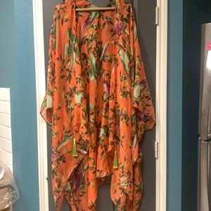 Orange floral kimono with lime tassel